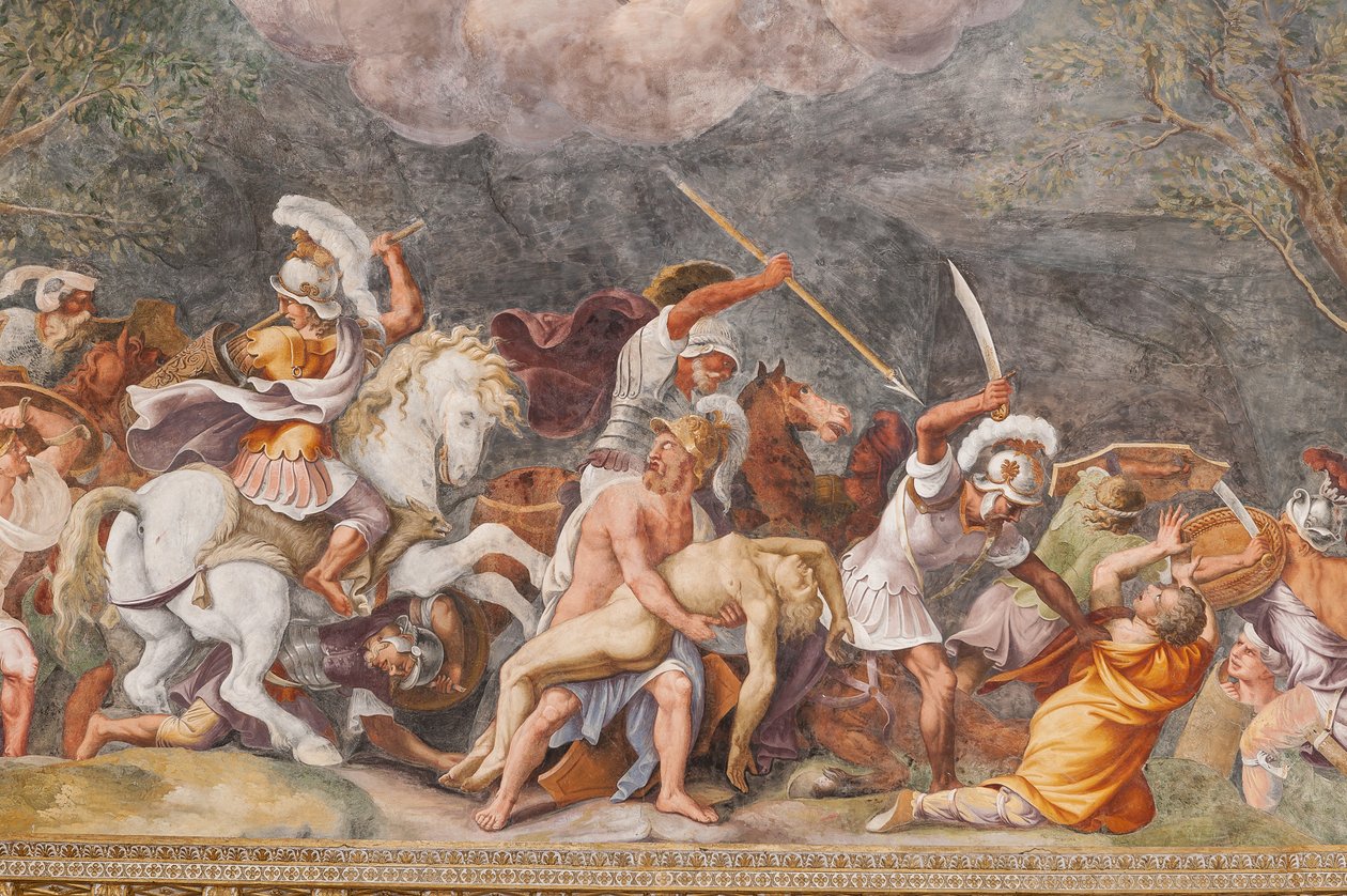 Truva Savaşı, Truva Atı, Truva Odası (Sala di Troia) sırasında Patroclus'un cesedini koruyan Ajax by Giulio (and workshop) Romano