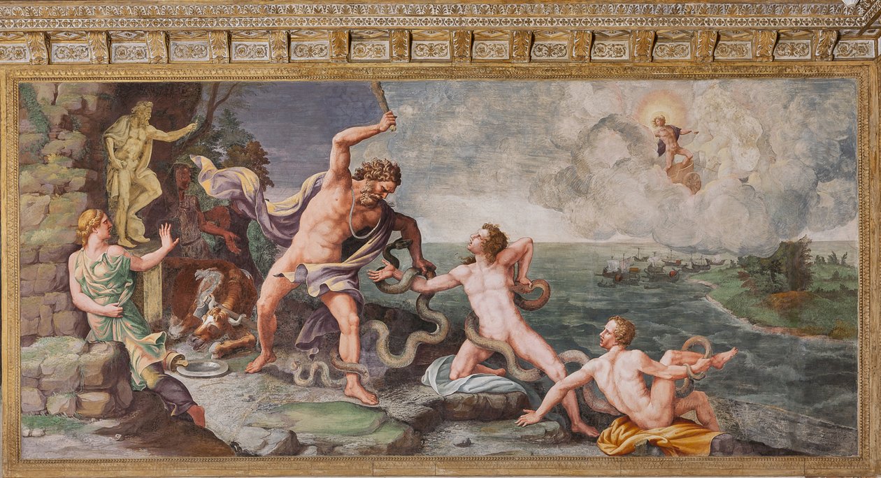 Laocoon ve oğulları yılanlar tarafından saldırıya uğradı, Truva Atı, Truva Odası (Sala di Troia) by Giulio (and workshop) Romano