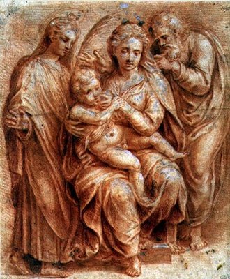 Bir Bakire Şehit ile Kutsal Aile (beyaz ile yükseltilmiş kırmızı tebeşir) by Giulio (circle of) Romano