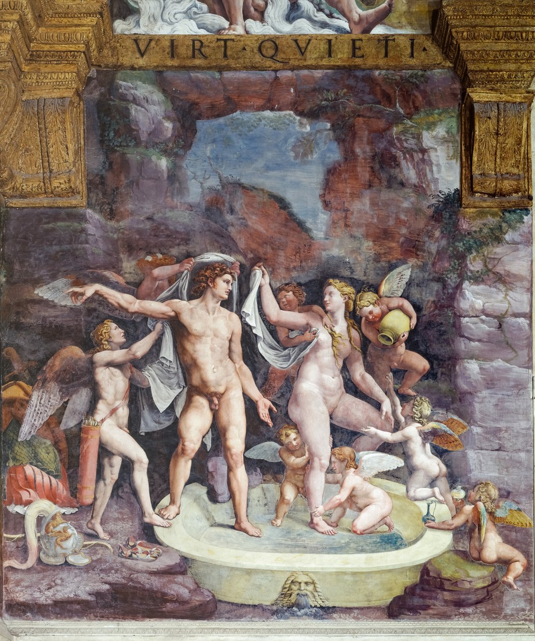 Psiche Odası, kuzey duvarı: Venüs ve Mars banyoları; Eros ve bazı aşk tanrıları tanrıçanın banyosuna katılır (fresk) by Giulio (workshop of) Romano