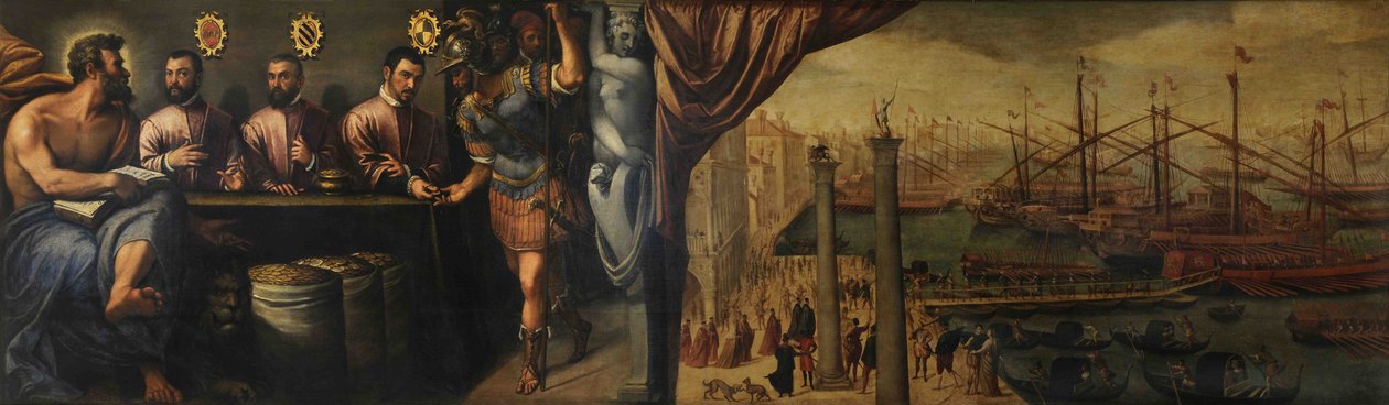 Saint Mark, 1586 dolaylarında filo için milisleri toplamada üç Sulh hakimine yardım ediyor. by Giulio Angolo del Moro