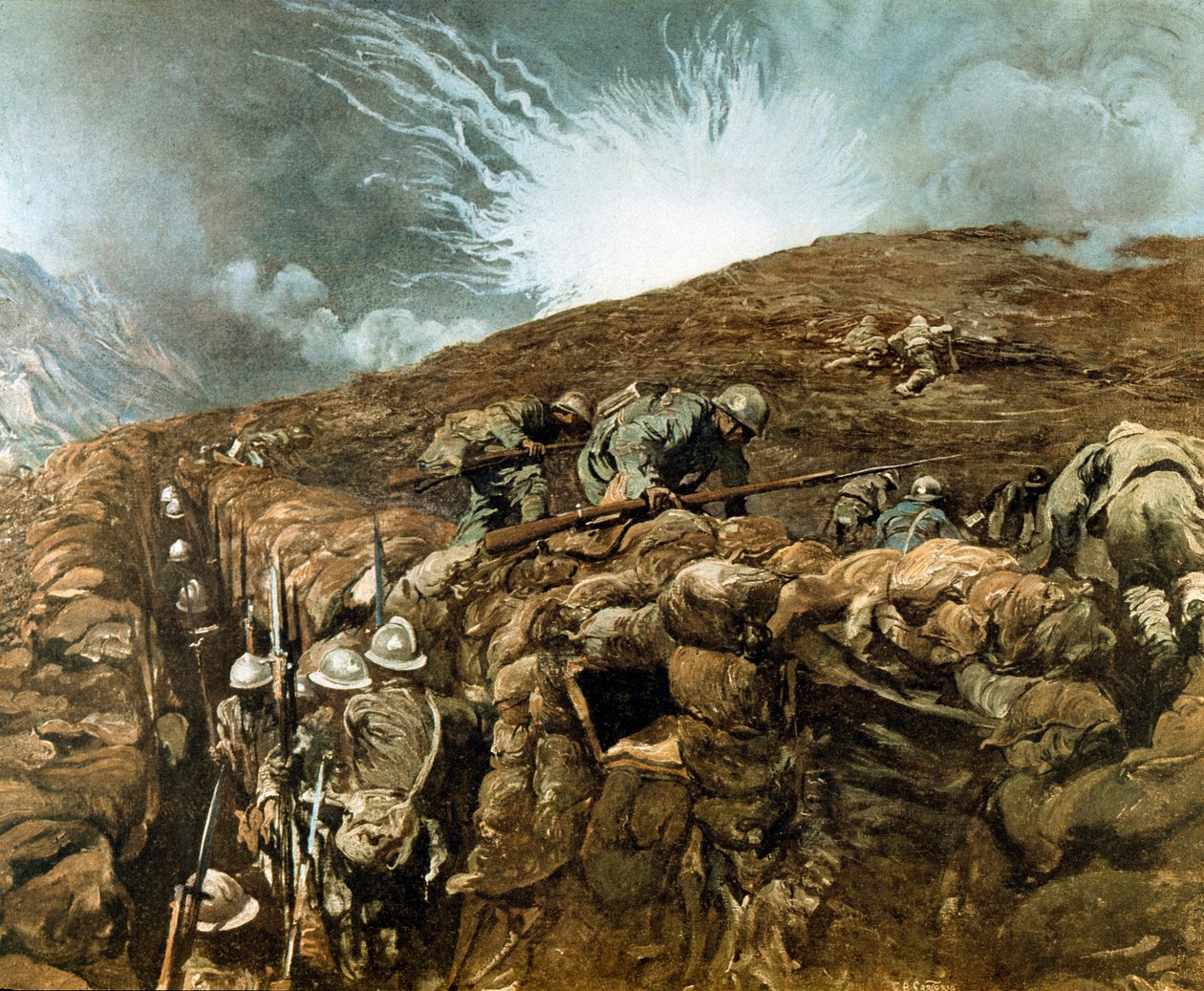 Birinci Dünya Savaşı: Gorizia yakınlarındaki siperler, Isonzo nehri etrafındaki İtalyan seferi, Eylül 1917 (resim) by Giulio Aristide Sartorio