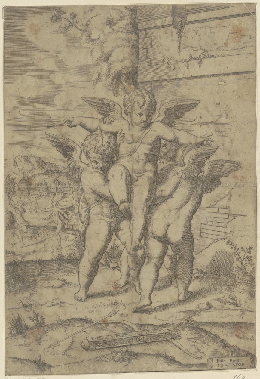 Amor ve üç putti by Giulio Bonasone (attributed to)