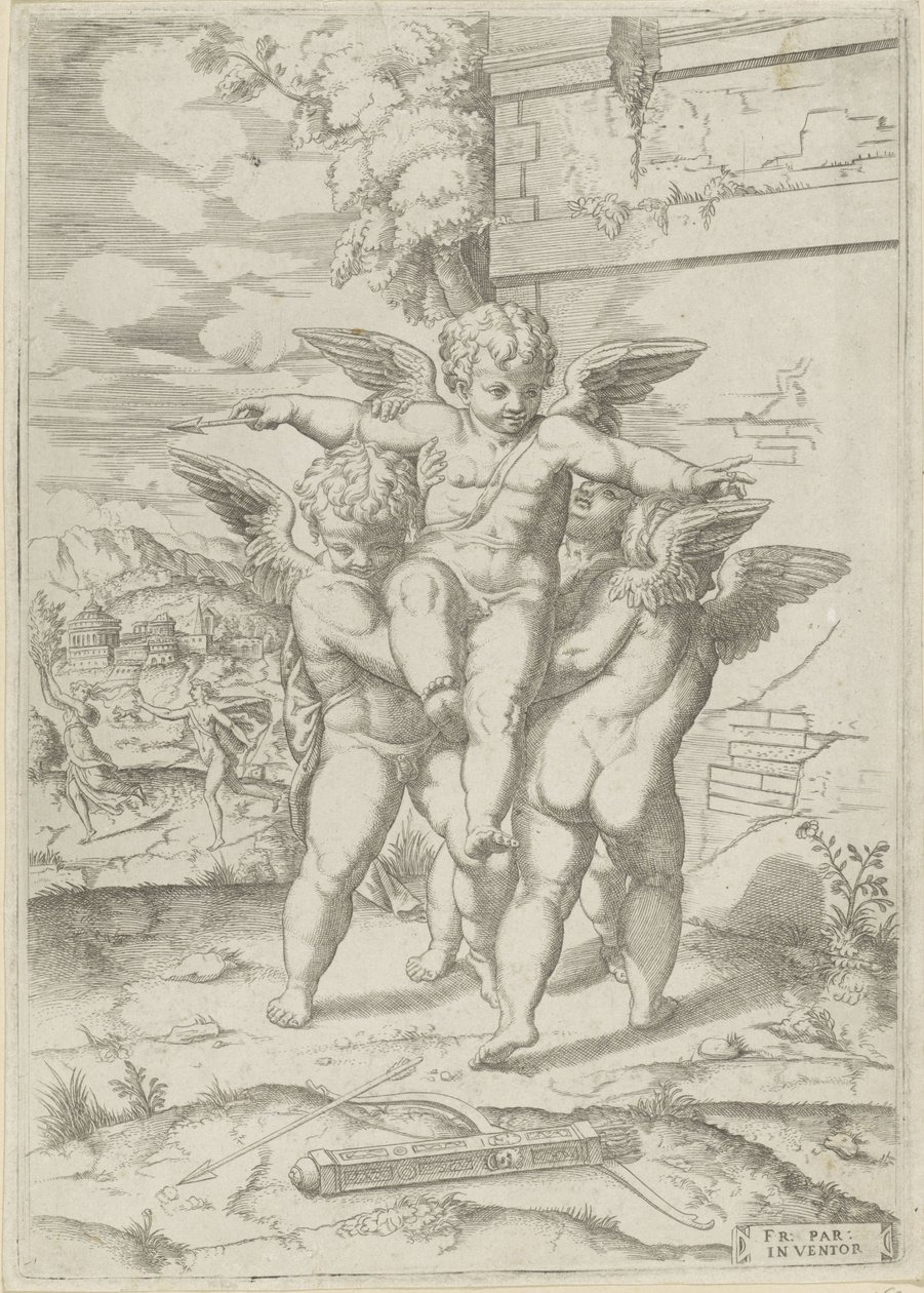 Amor ve üç putti by Giulio Bonasone (attributed to)
