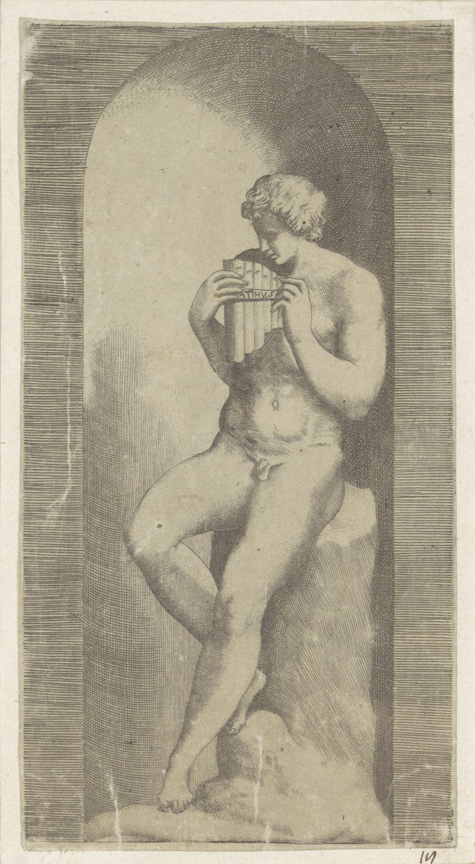 Bir niş içinde pan flüt ile çıplak adam by Giulio Bonasone (possibly)