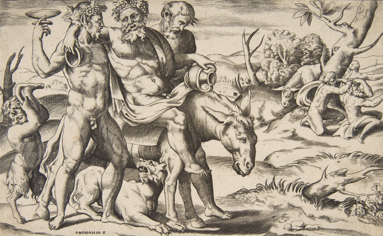 Sarhoş bir Silenus, satirler tarafından desteklenen bir eşek sürüyor, 1531-76. by Giulio Bonasone