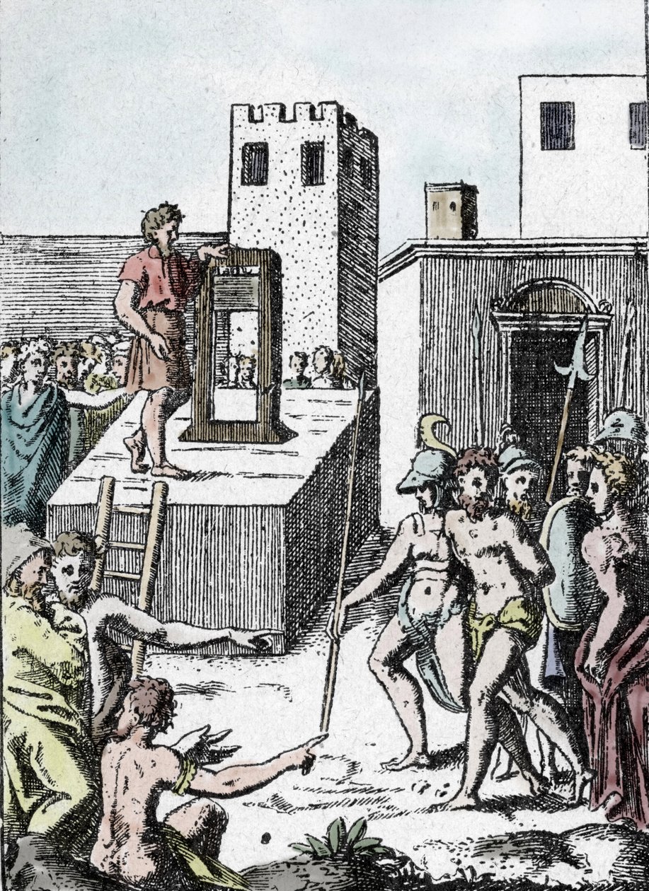 Ölüm cezası: 1555'te Achille Bocchi tarafından tasarlanan Mannaia adlı giyotinin (makine a decollation) atası ile ölüm cezasının infazı”” Gravür Giulio Buonasone (Bonasone) (1498-1574) Kudret helvası by Giulio Bonasone