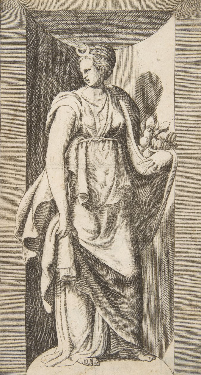 Sol elinde meyve tutan Diana, bir niş içinde duruyor, yaklaşık. 1531-76. by Giulio Bonasone