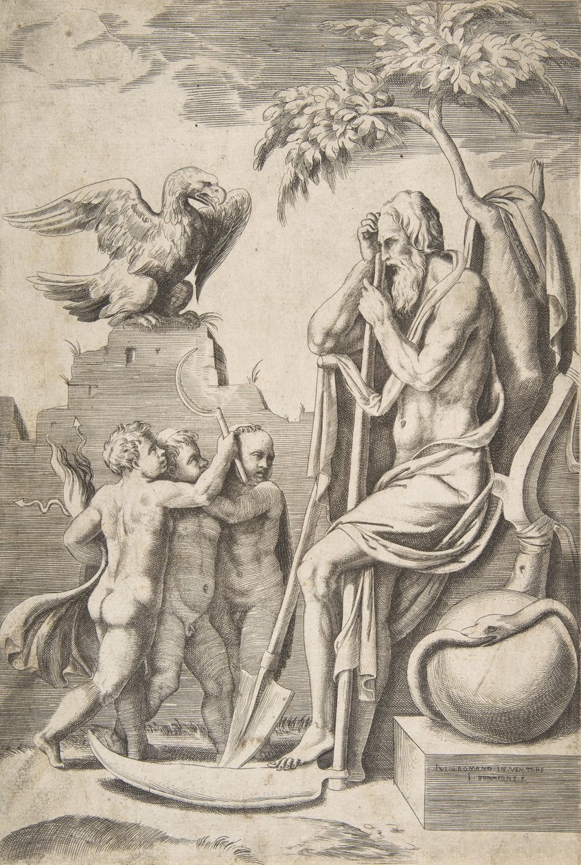 Sağda tırpana yaslanmış Baba Zaman, solda üç çıplak erkek ve kartal, 1..., 1531-76. by Giulio Bonasone