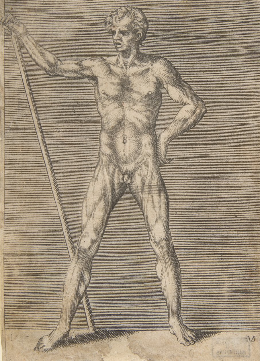 Önden görülen, bir sopa tutan derisi yüzülen adam, yakl. 1531-76. by Giulio Bonasone