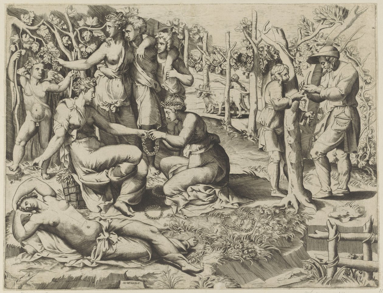 Flora bir çelenk verir by Giulio Bonasone