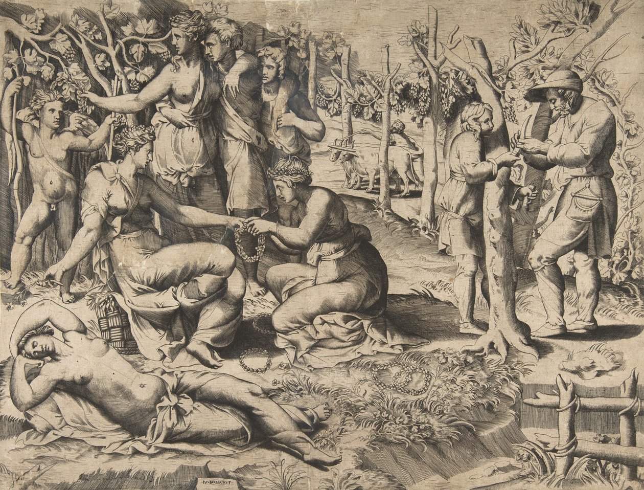 Merkezdeki flora, başka bir kadına çelenk veriyor, etrafı başka bir incirle çevrili, 16. yüzyılın ortalarında. by Giulio Bonasone