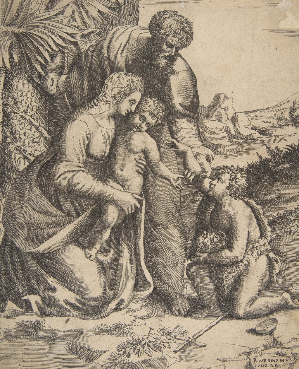 Sağda diz çöken Vaftizci Yahya ile Kutsal Aile, 1531-76. by Giulio Bonasone