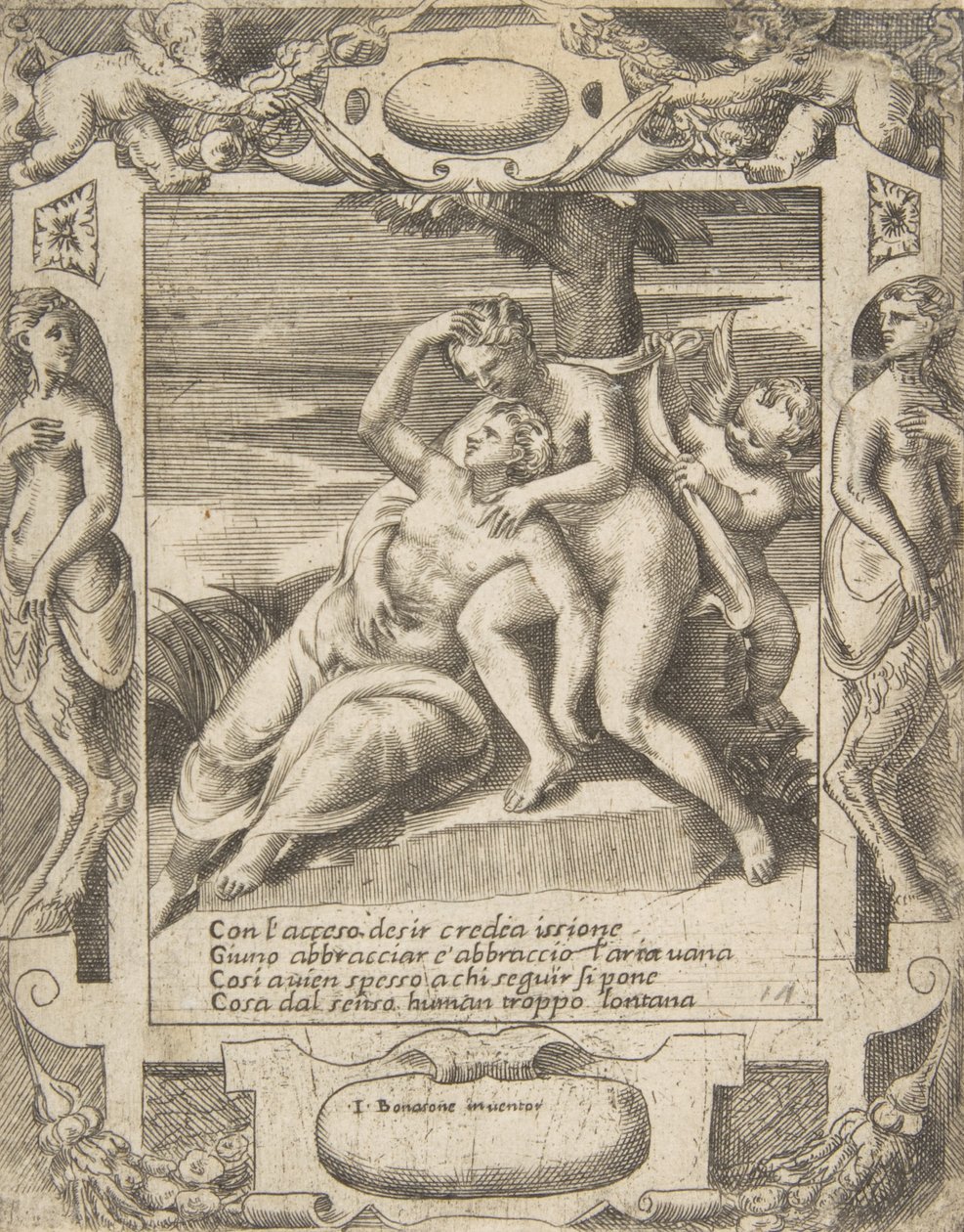 Ixion bir bulutu kucaklıyor, onun Juno olduğunu düşünüyor, sağda Cupid, ayrıntılı bir şekilde ayarlanmış..., 1531-76. by Giulio Bonasone
