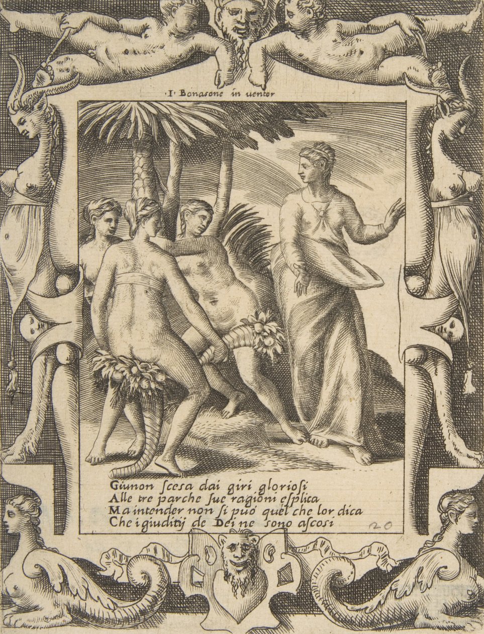 Sağda Juno dönüp Kaderlerle konuşuyor, ayrıntılı bir çerçeve içinde, 1531-76. by Giulio Bonasone