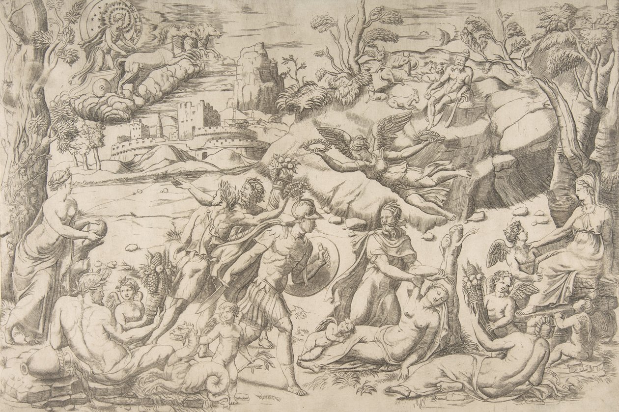 Mars ve Rhea Silvia: Merkezde Mars bir kalkan ve kılıç tutar, Rhea Silvia uyku..., ca 1531-76. by Giulio Bonasone