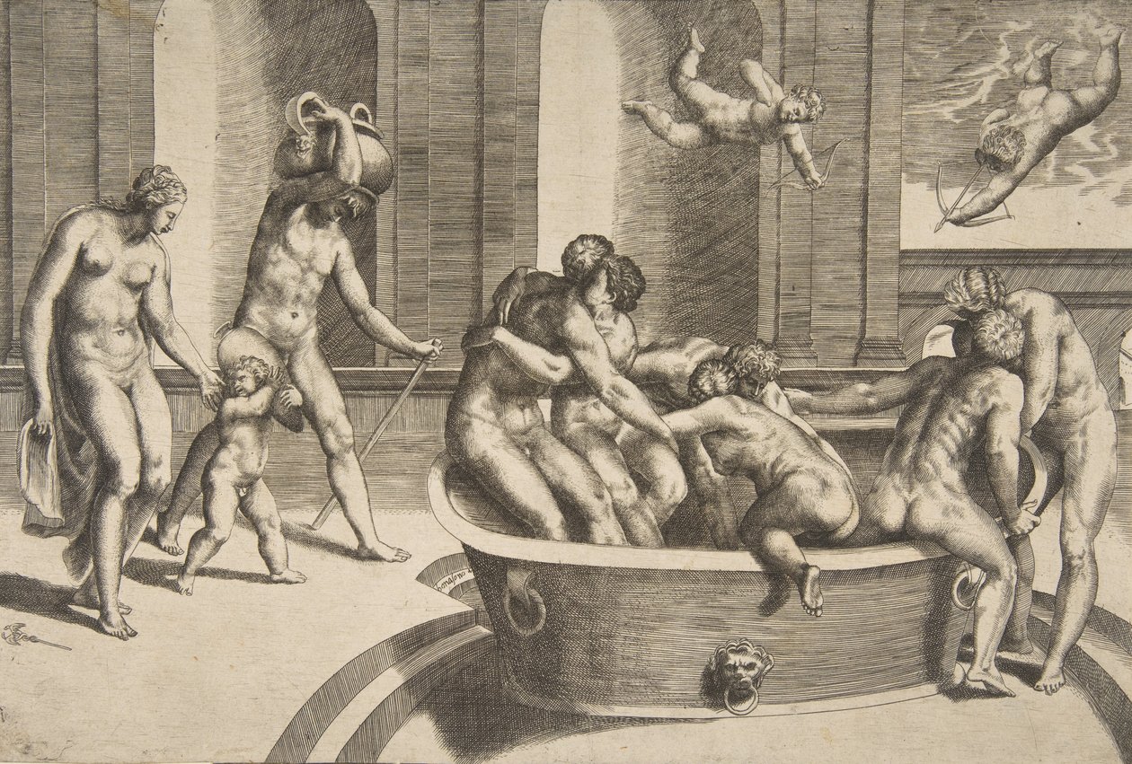 Erkekler ve kadınlar banyo yapıyor, bazıları kucaklaşıyor, 1531-76. by Giulio Bonasone