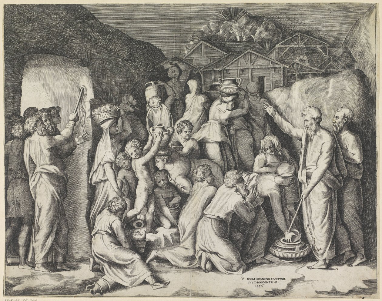 Musa, İsraillilere manı toplamalarını emreder ve Musa kayadan su çıkarır by Giulio Bonasone