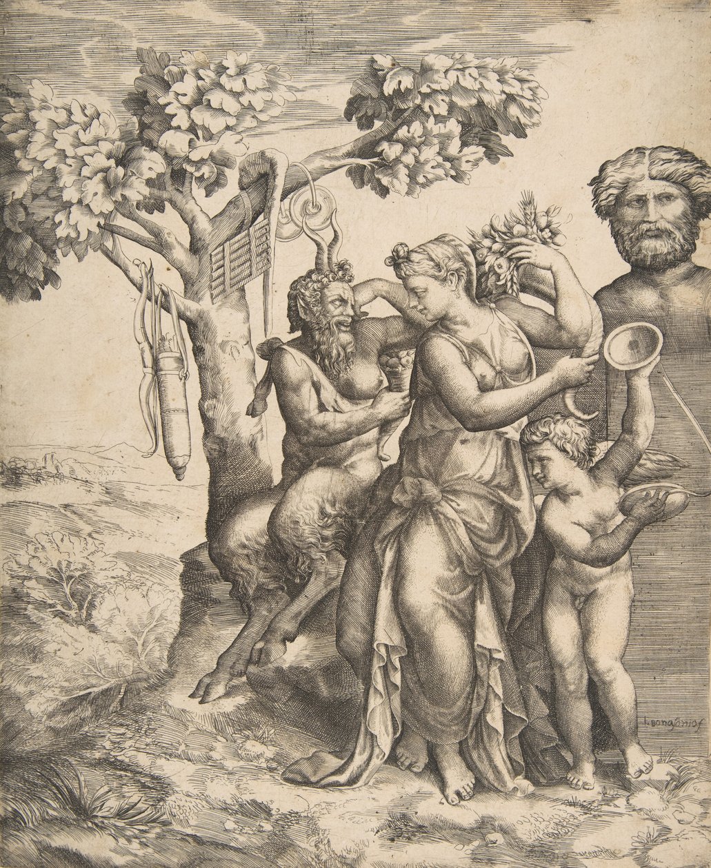 Solda duran bir perinin yanında oturan pan, sağda Cupid tutan ziller, 1531-76. by Giulio Bonasone