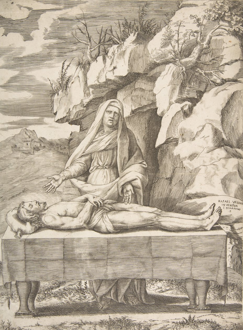 Pieta, İsa bir manzarada bir masaya uzanmış, Bakire kollarının arkasında duruyor ..., 1531-76. by Giulio Bonasone