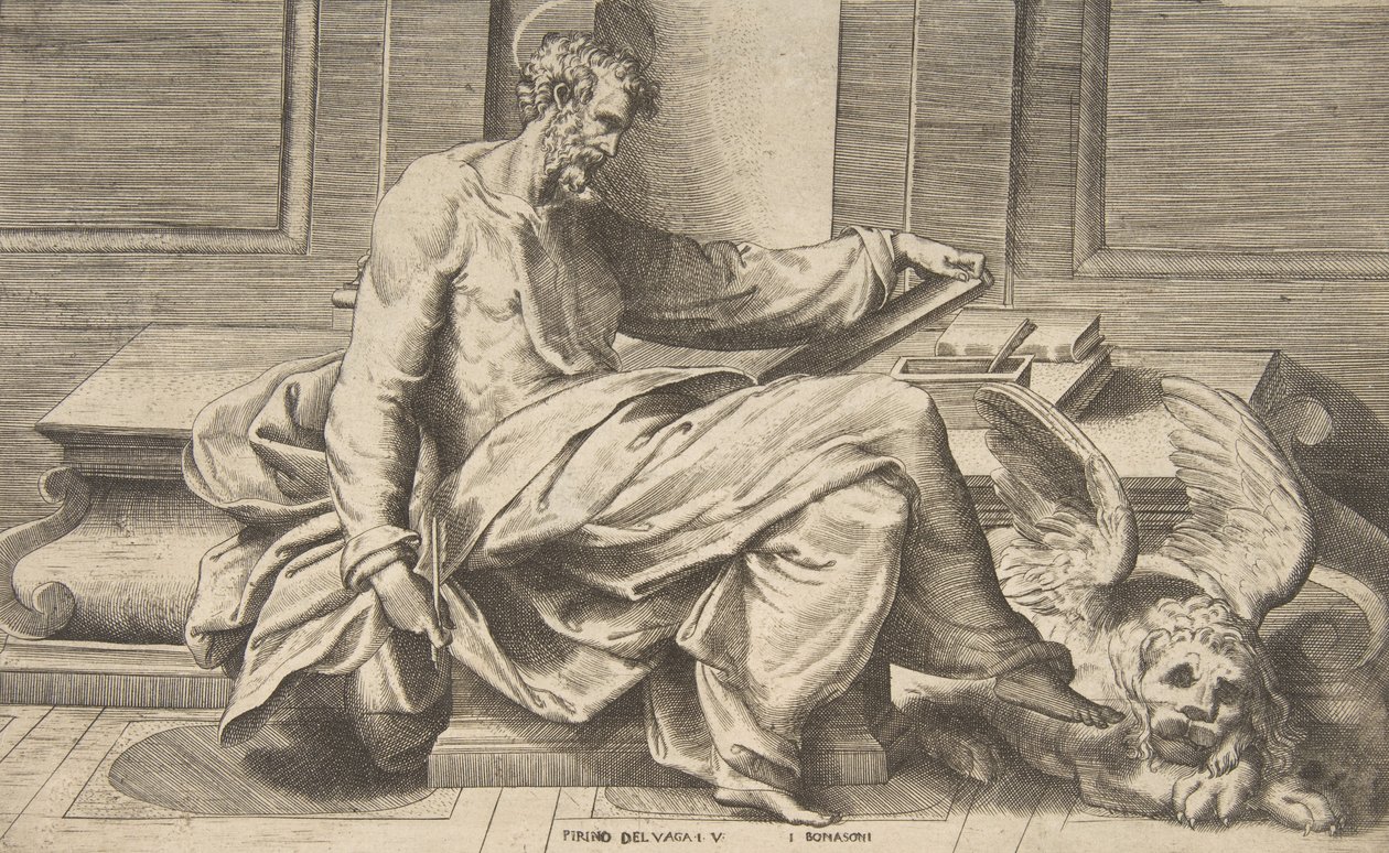 Aziz Mark müjdesini yazarken, sağda kanatlı aslan, 1531-76. by Giulio Bonasone