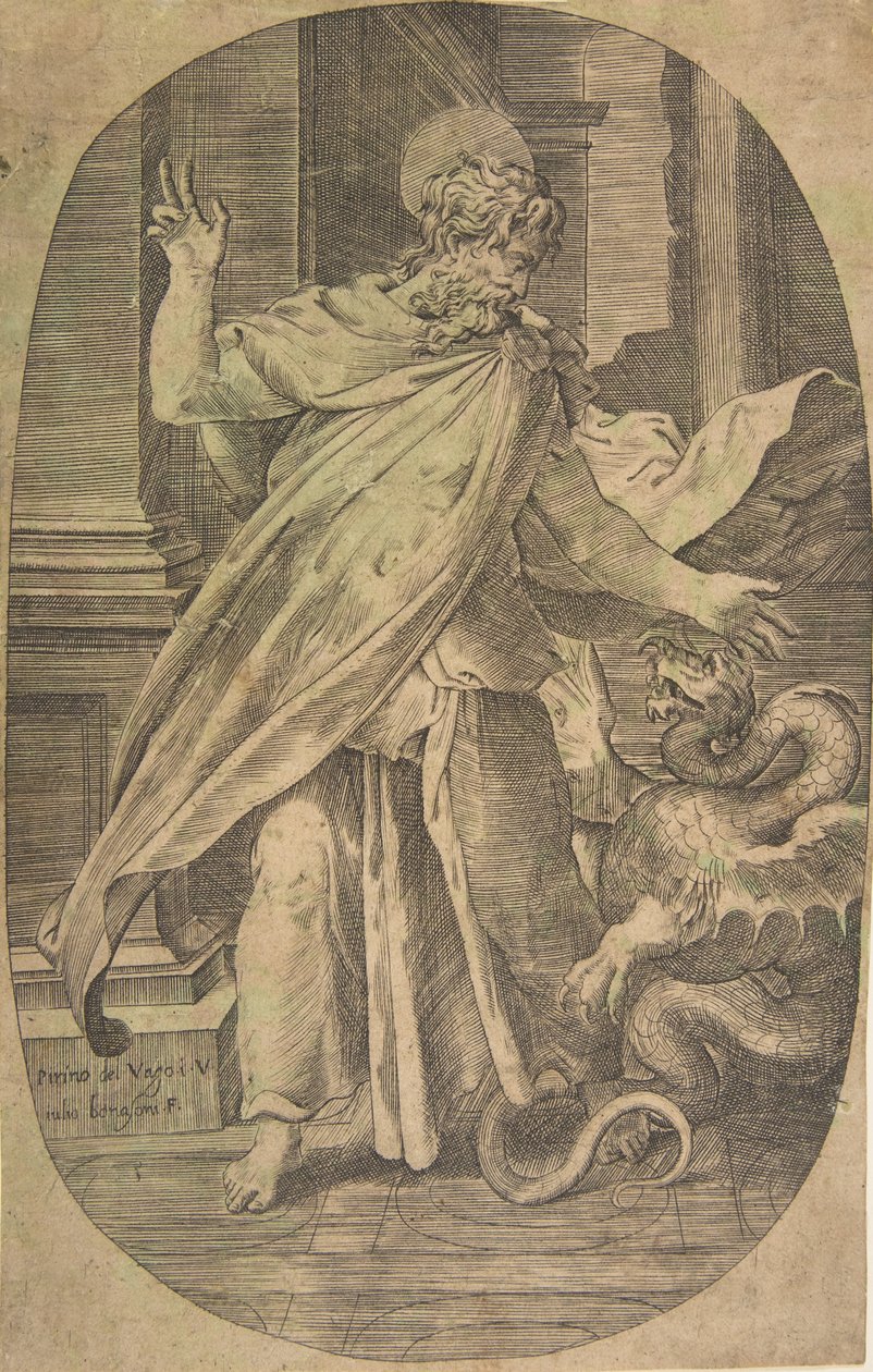 St Paul, mimari bir ortamda, oval bir kompozisyonda, engereklerin üstesinden geliyor, yaklaşık. 1540-70. by Giulio Bonasone