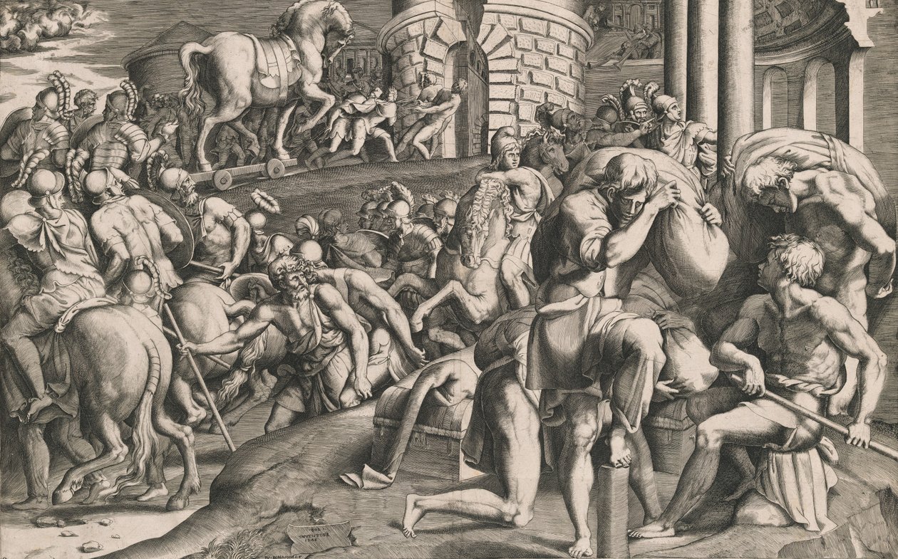 Tahta atı şehre çeken Truvalılar, 1545. by Giulio Bonasone