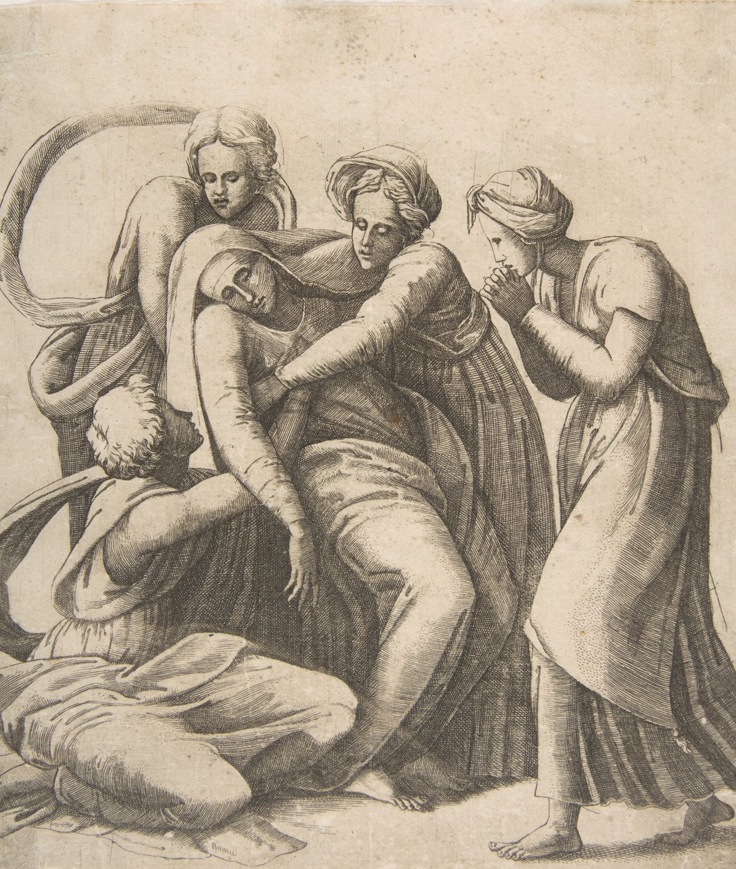Bakire bayılıyor ve kutsal kadınların kollarında destekleniyor, 1531-76. by Giulio Bonasone