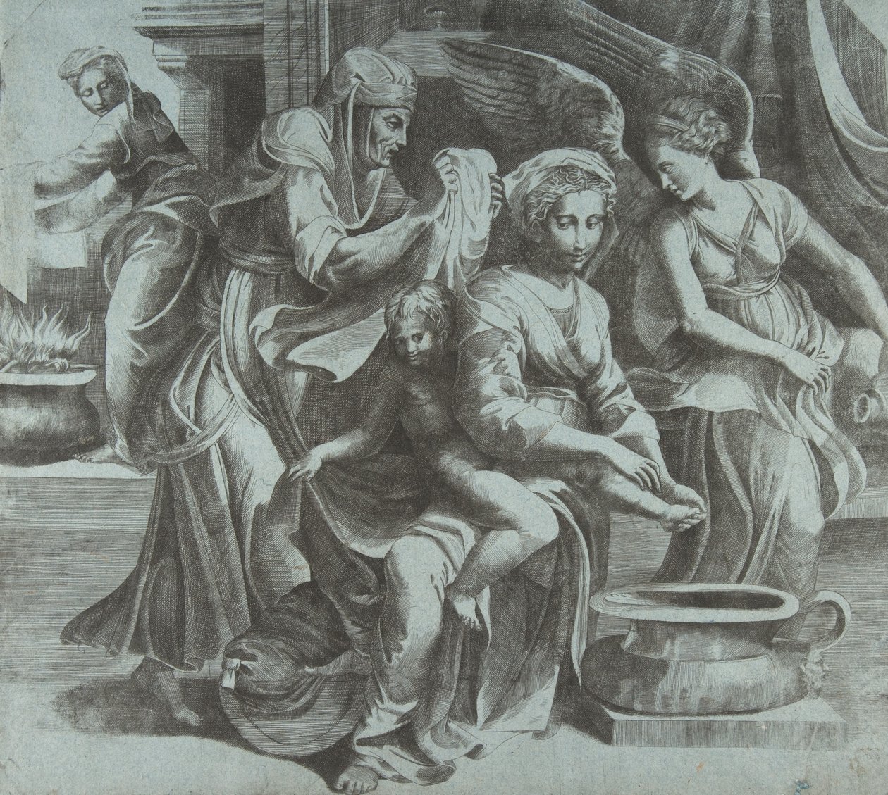 Sağda figürler ve bir melek eşliğinde Mesih Çocuğunu yıkayan Bakire, ..., ca. 1550-60. by Giulio Bonasone