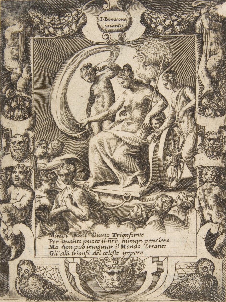 1531-76 yıllarından ayrıntılı bir çerçeve içinde bir arabada oturan Juno