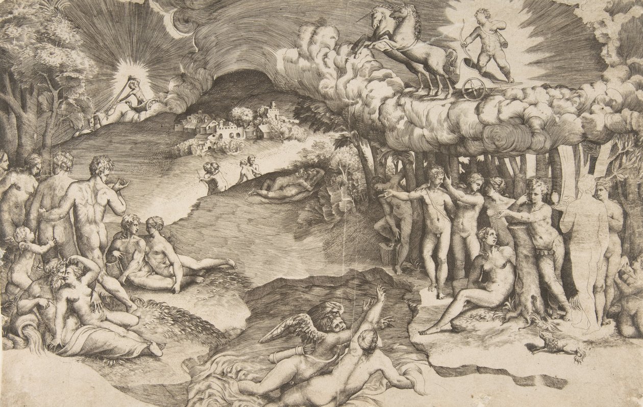 Aşkın zaferi, tek boynuzlu at tarafından çekilen bir arabaya binen aşk tanrısı sağ üstte, çıplak ..., 1545. by Giulio Bonasone