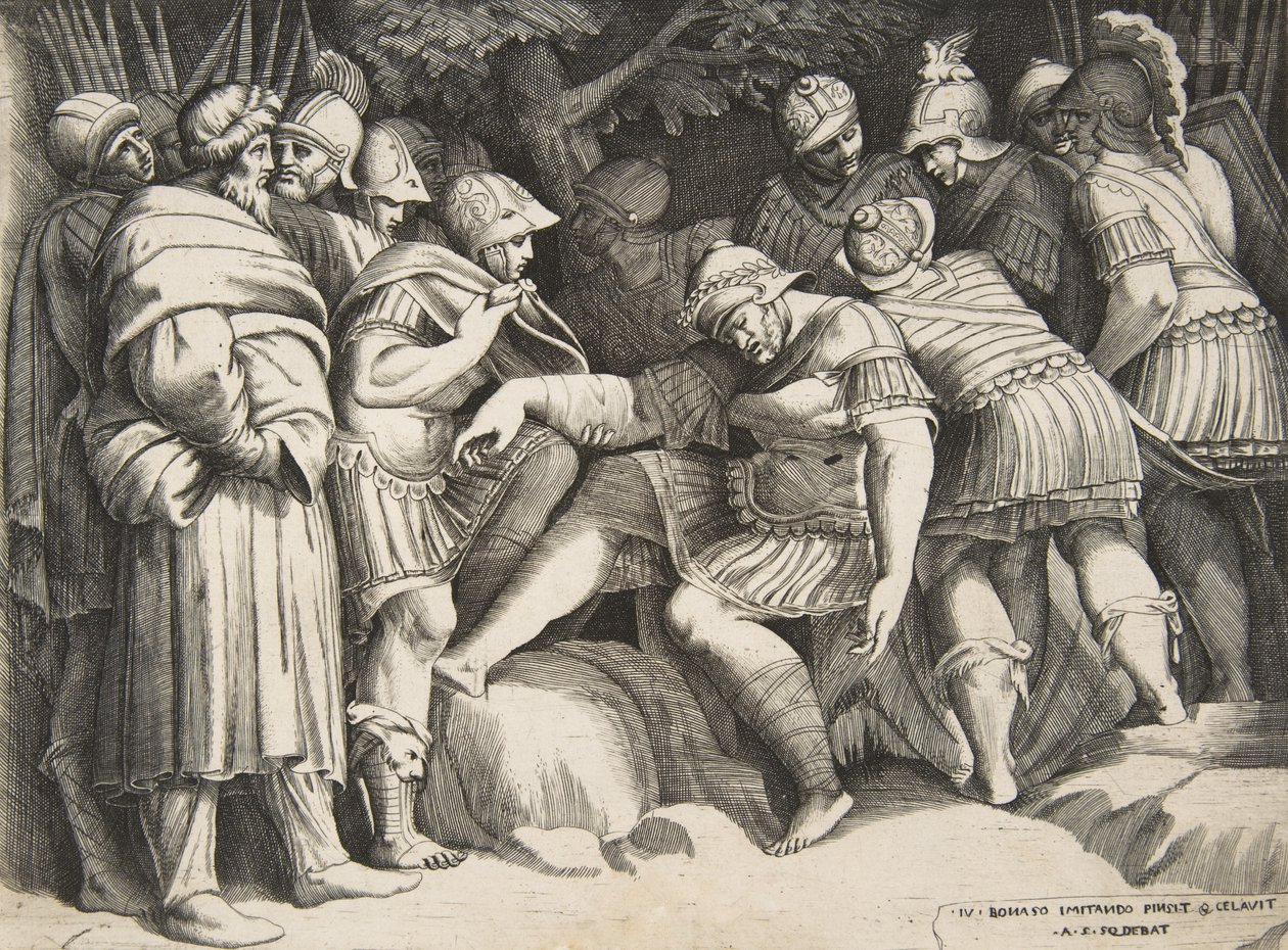 Yaralı asker Scipio merkezde figürlerle çevrili, 1531-76. by Giulio Bonasone