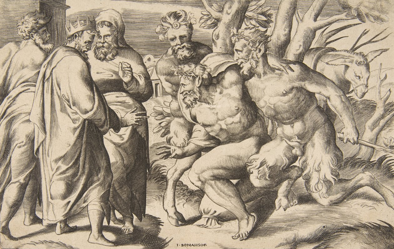 Solda ayakta duran Silenus Kralı Midas