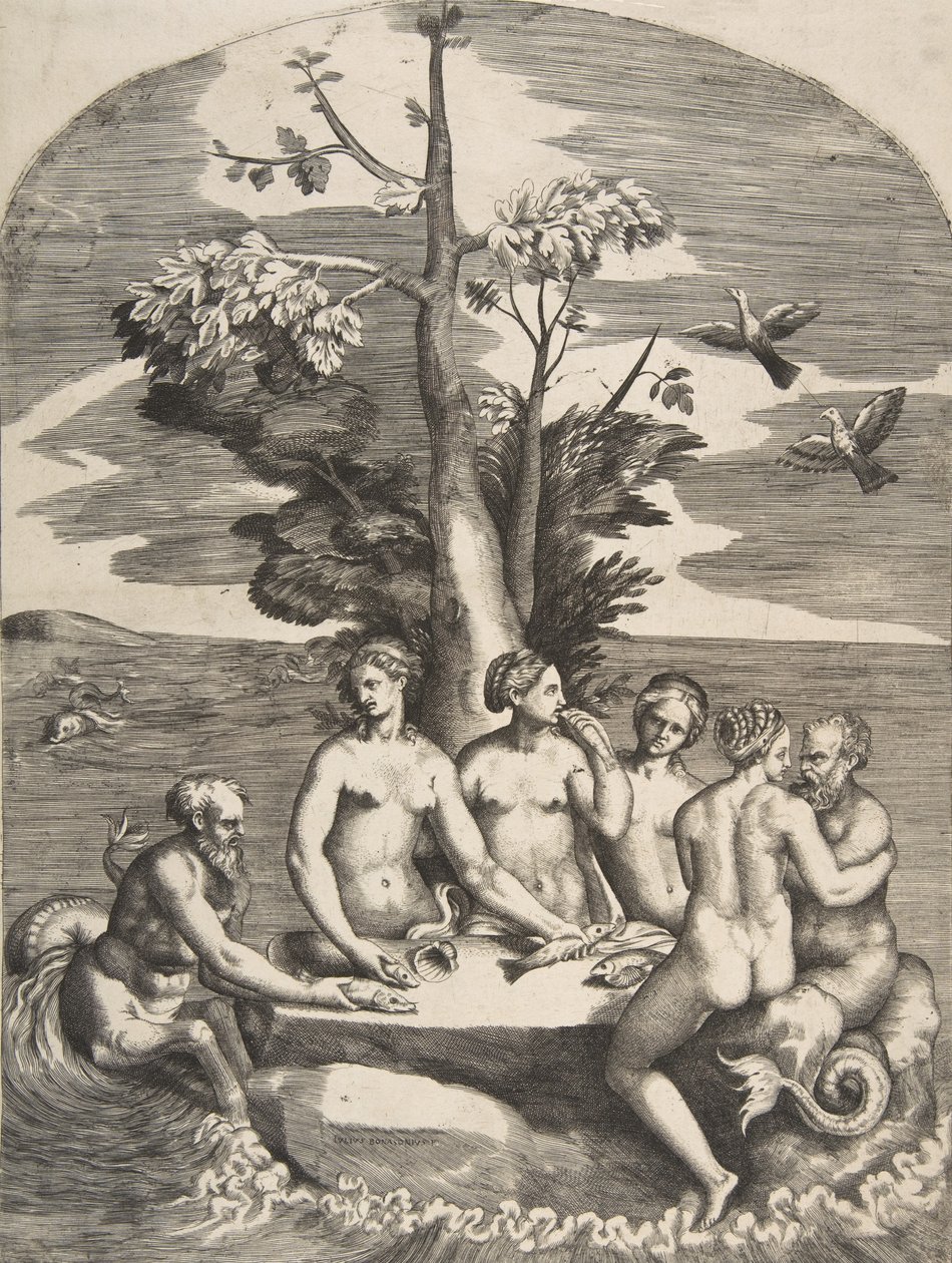 Dört peri eşliğinde iki deniz tanrısı, 1531-76. by Giulio Bonasone