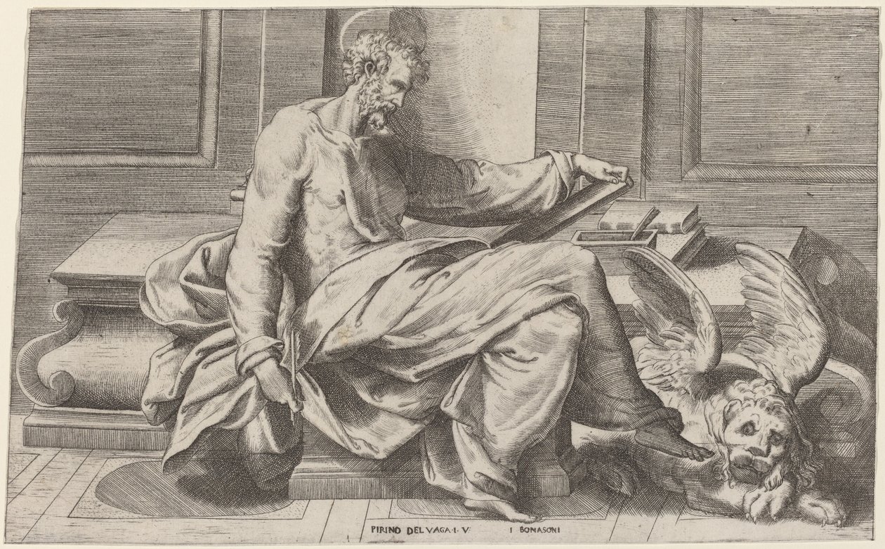 Aziz Mark İncillerini Yazıyor by Giulio Bonasone after Perino del Vaga