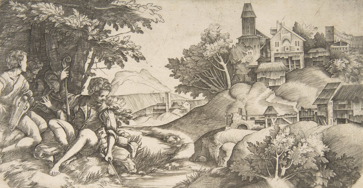 Solda, bir grup ağacın altına oturmuş müzik aletleri olan dört çoban..., yakl. 1517 by Giulio Campagnola