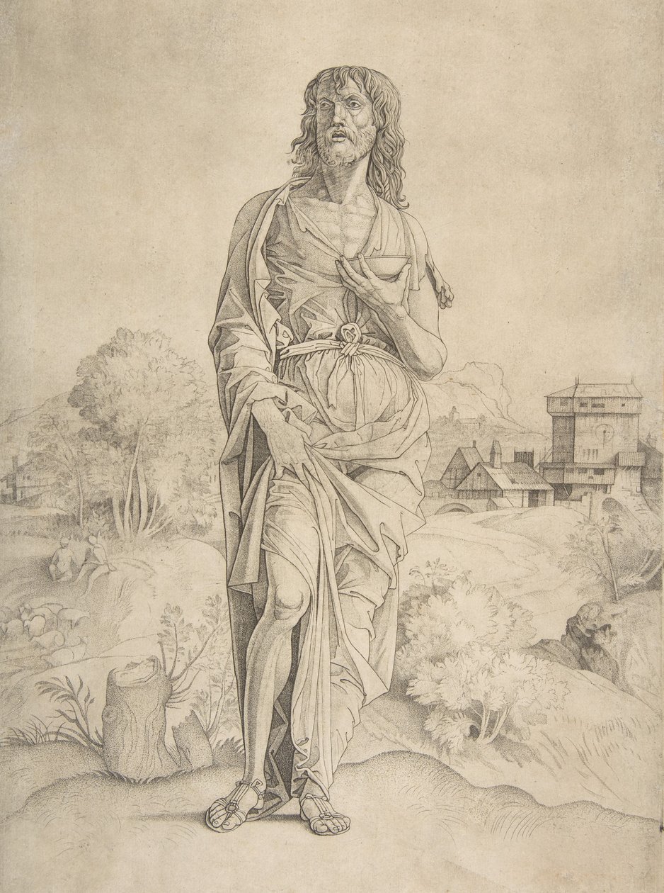Vaftizci Yahya manzarada duruyor, arka planda figürler ve binalar..., ca. 1505-10. by Giulio Campagnola