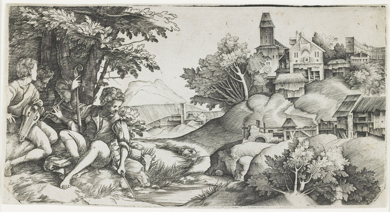 Bir Peyzajda Çobanlar, c. 1517-1518 by Giulio Campagnola