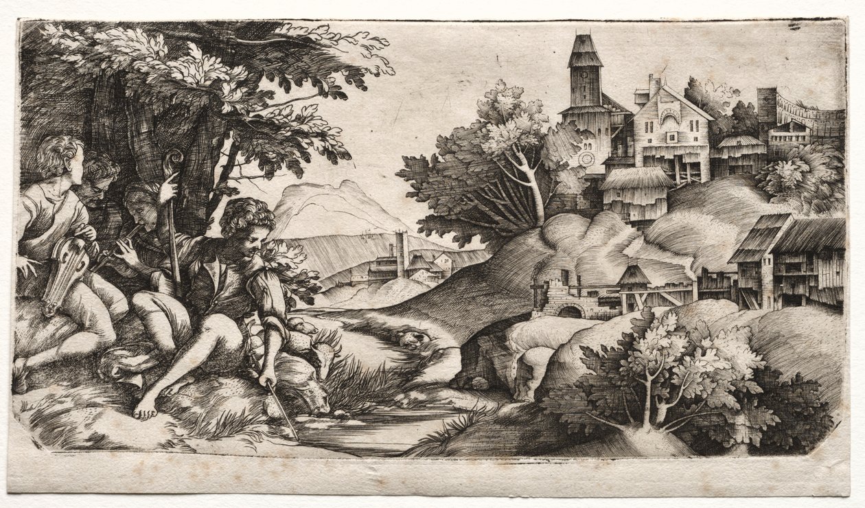 Peyzajda Çobanlar, c. 1517. by Giulio Campagnola