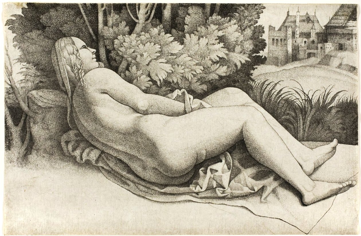Manzarada uzanmış kadın by Giulio Campagnola