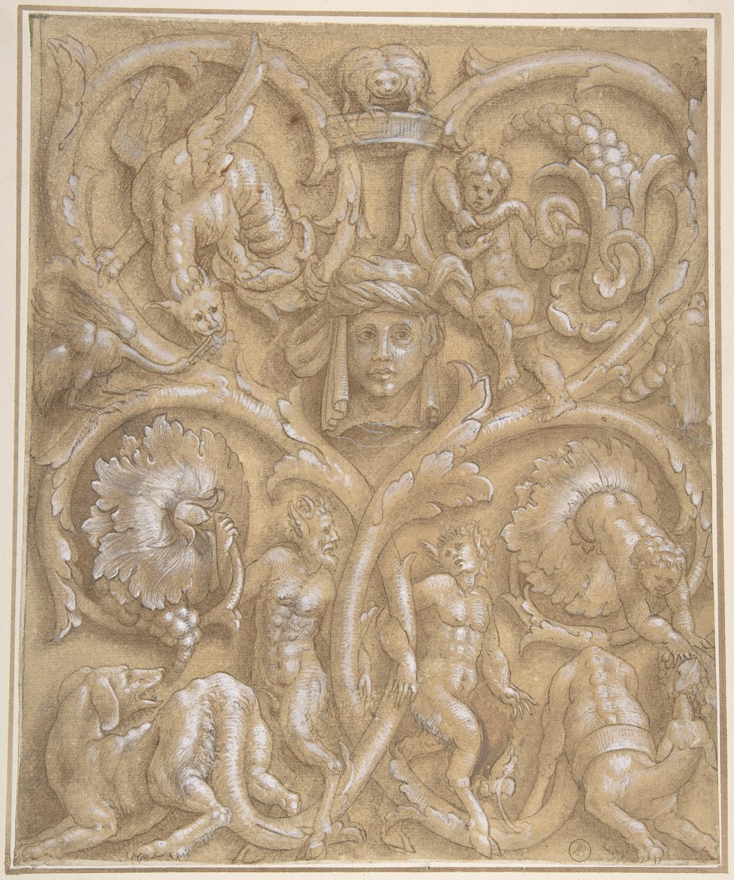 Rinceaux, Satyrs, Putti, Canavarlar ve İnsan Kafalı Süs Paneli Tasarımı, 1535-45. by Giulio Campi.