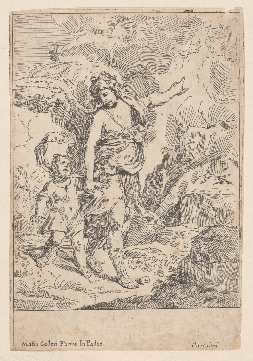 1640-60 yaşlarındaki küçük bir çocukla el ele yürüyen bir koruyucu melek. by Giulio Carpioni