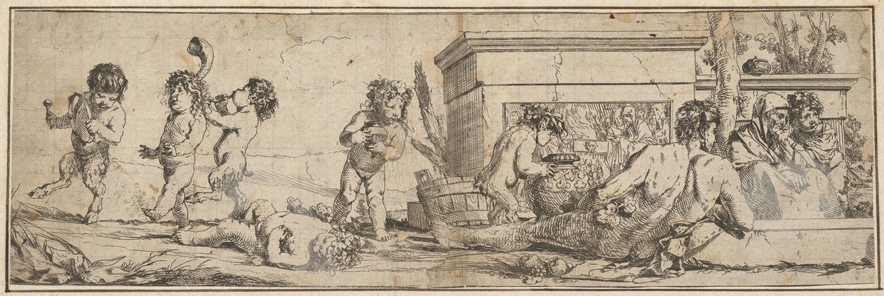 Solda bebek satirler ve putti ile Bacchanal, önünde çıplak bir erkek figürü uzanıyor..., 1633-78. by Giulio Carpioni