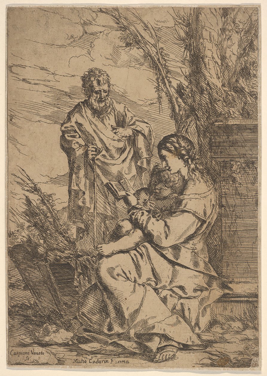 Bakire okumasıyla Kutsal Aile, Bakire solunda bir kitapla profilde oturuyor..., 1640-60. by Giulio Carpioni