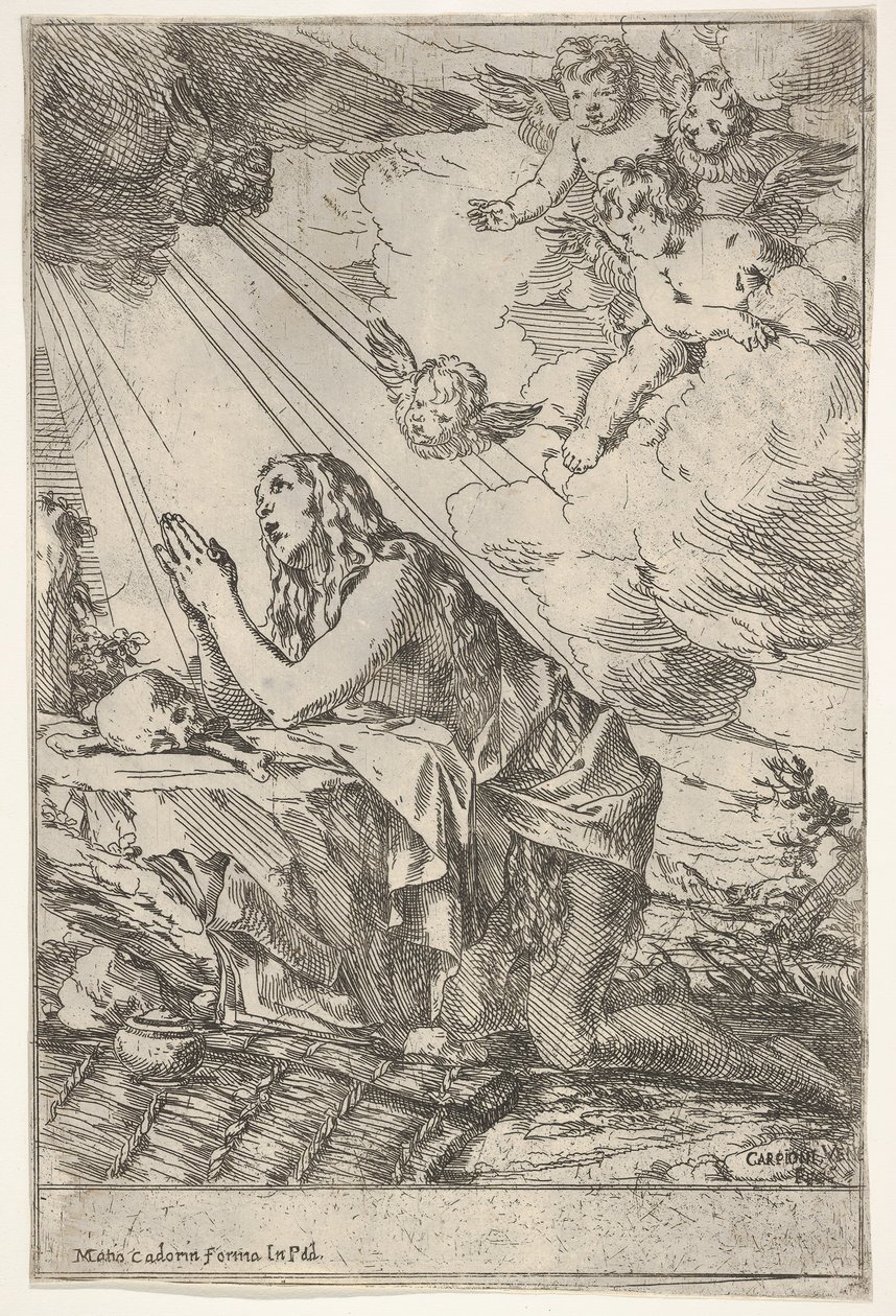 Tövbekar Magdalen, kayalık bir zeminde bir kafatası ve kemiklerin önünde diz çökmüş, bir merhem ..., yakl. 1640-55. by Giulio Carpioni