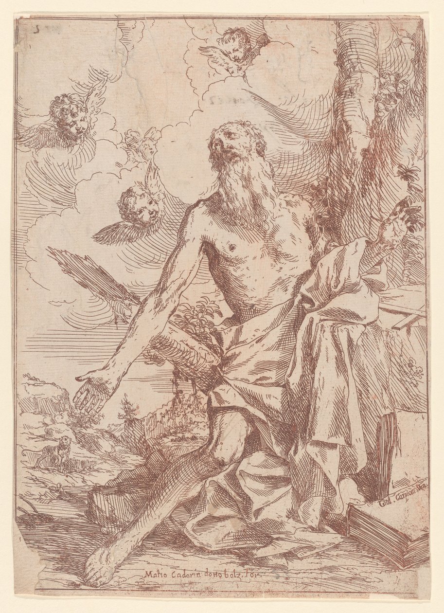 Aziz Jerome kollarını uzatmış bir ağacın yanında diz çökmüş, 1640-60. by Giulio Carpioni