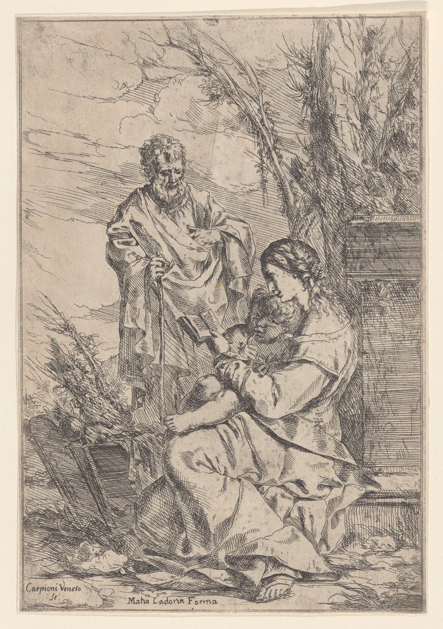 Bakire ile Kutsal Aile bir kitap okuyor, 1640-60. by Giulio Carpioni