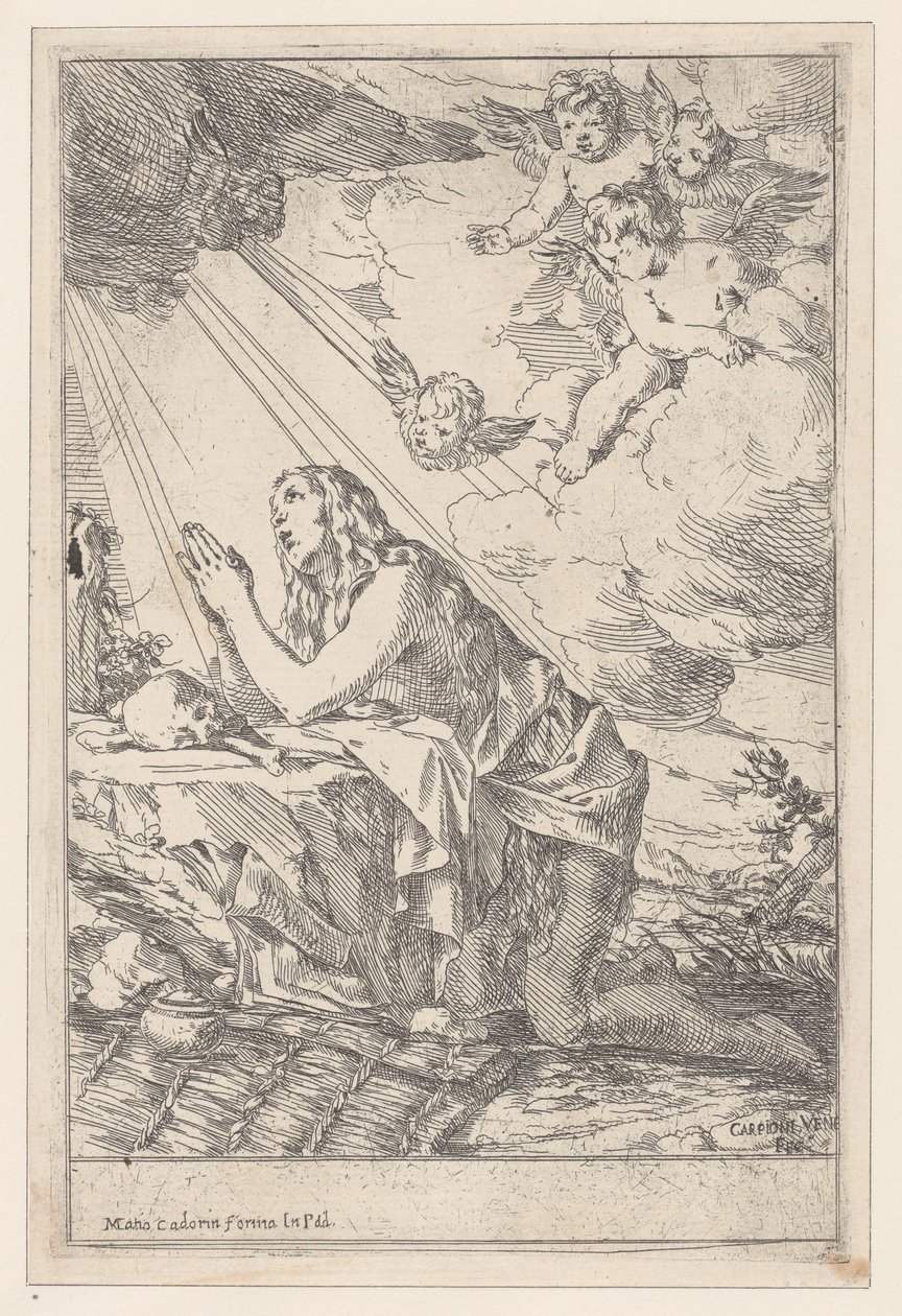 Tövbekar Saint Mary Magdalene, bir kafatası ve kemiklerin önünde diz çökmüş, 1640-60. by Giulio Carpioni