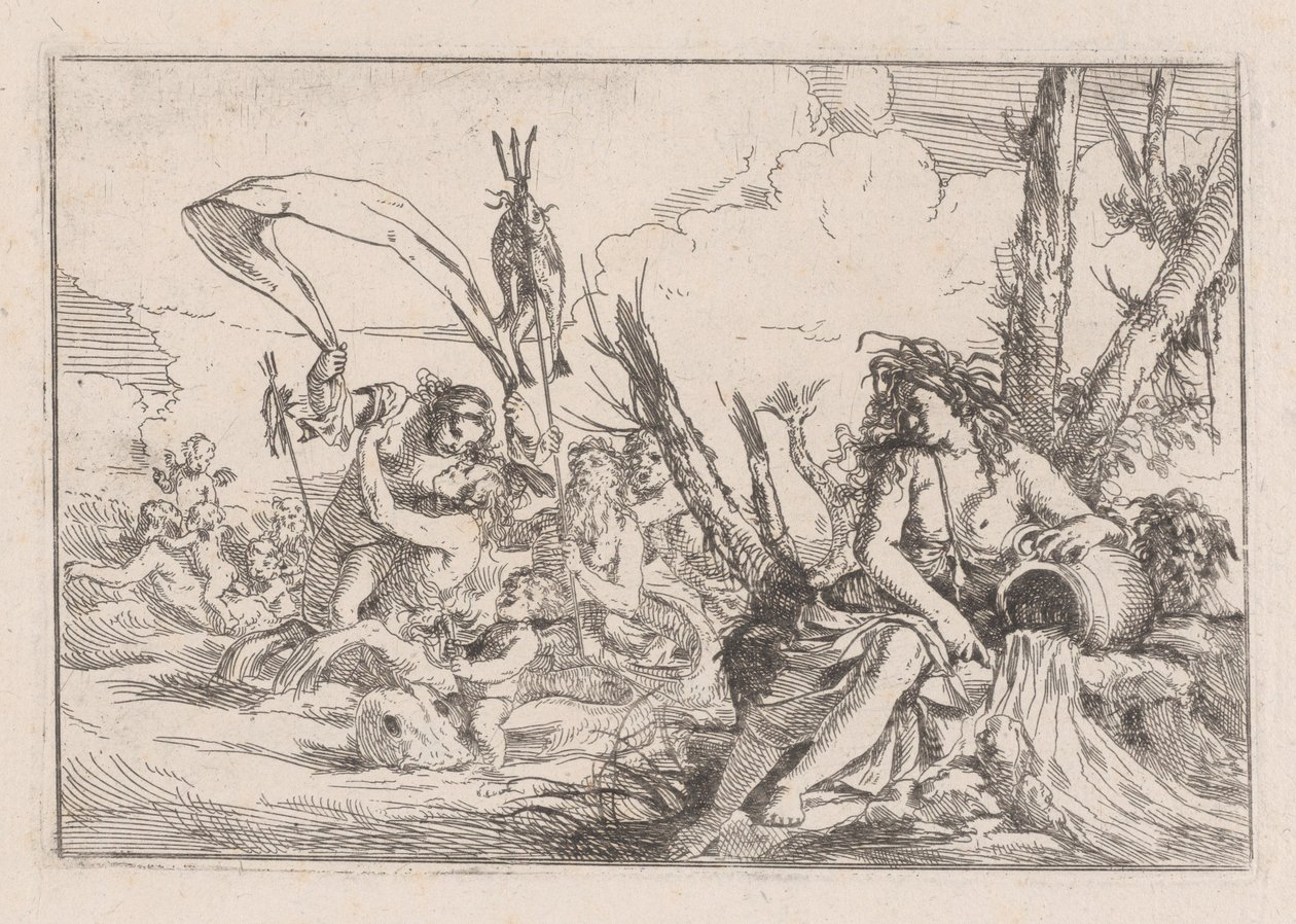 Bir ağacın dibine oturmuş bir naiad ile temsil edilen su..., 1640-60. by Giulio Carpioni