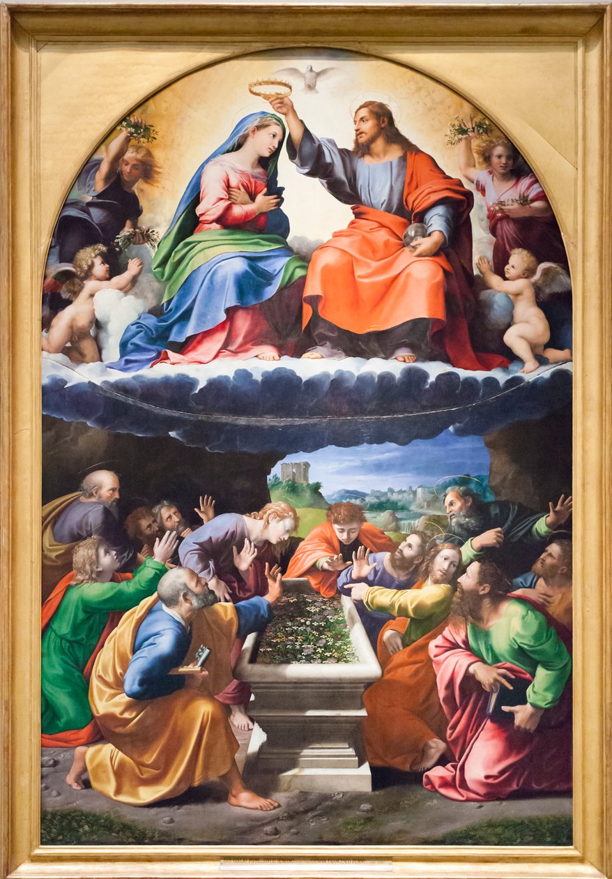 Bakire'nin taç giyme töreni veya Monteluce'li Madonna, 1525 dolayları (ahşap üzerine yağlı boya) by Giulio & Penni Giovanni Francesco (il Fattore) (c.1488 1528) Romano